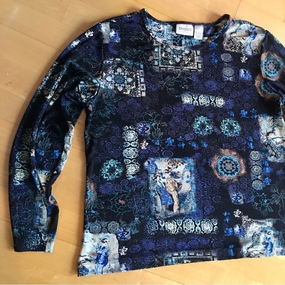 Chico’s Travelers Artsy, Colorful Abstract Long Sleeve Top, Black, Size 3